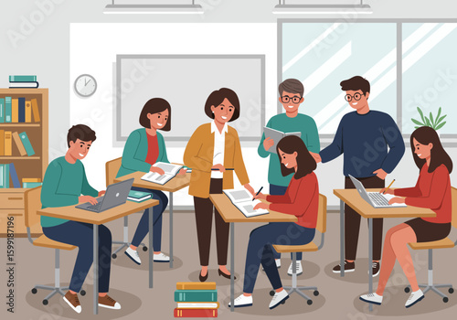 Students work in a classroom with a teacher assisting and guiding them.