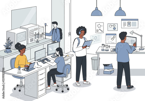 People working in a modern office environment, collaborating on computers and scientific equipment.