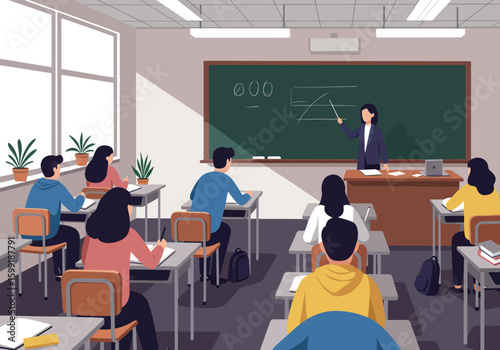A teacher explains a lesson to students in a brightly lit classroom.