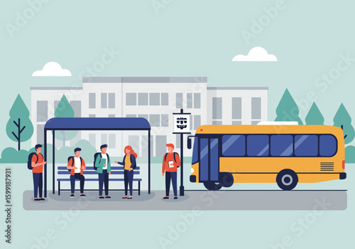 People wait at a bus stop near a school as a yellow bus pulls up to pick them up.