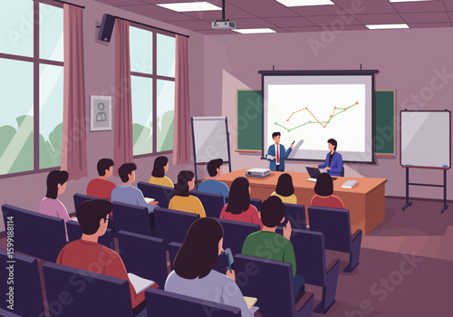 Classroom scene with students listening to a lecture and viewing a graph projected on a screen.