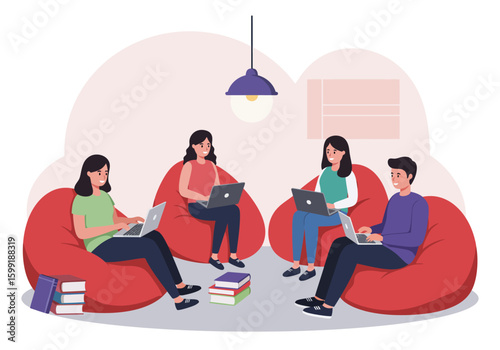 Four people working collaboratively on laptops in a modern, casual workspace.