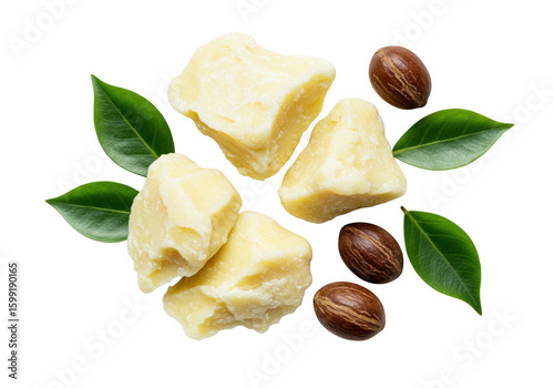 Raw shea butter chunks and nuts with green leaves isolated on transparent background