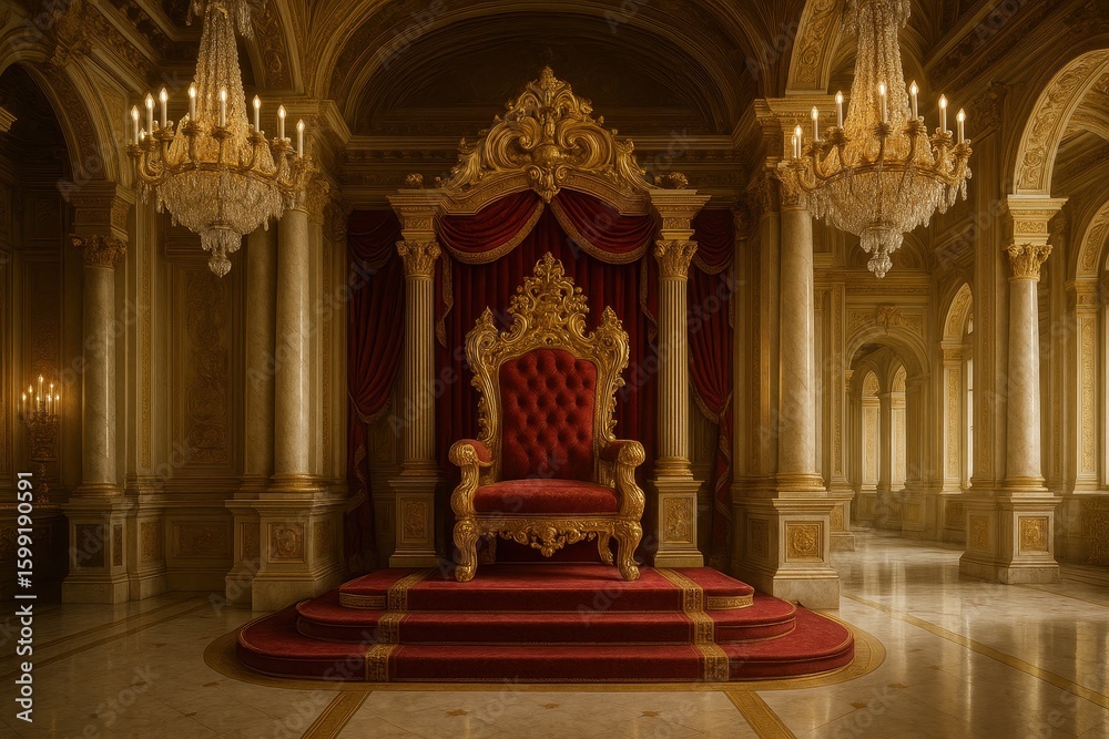 Obraz premium Majestic royal throne room with ornate golden details and regal atmosphere showcasing luxury palace interior design