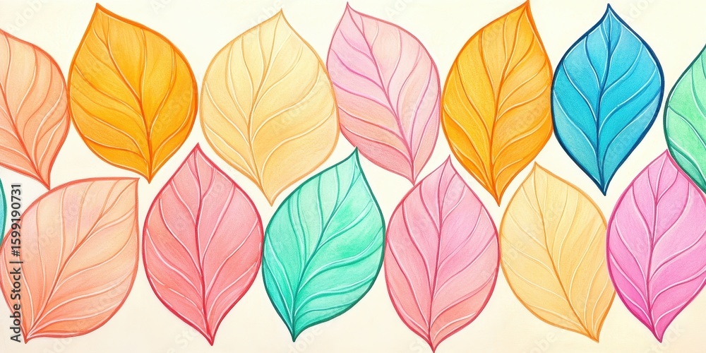 Obraz premium Colorful abstract leaves seamless pattern illustration. Vibrant leaves with decorative design. Nature pattern, decorative art, seamless vibrant background, abstract botanical texture, modern