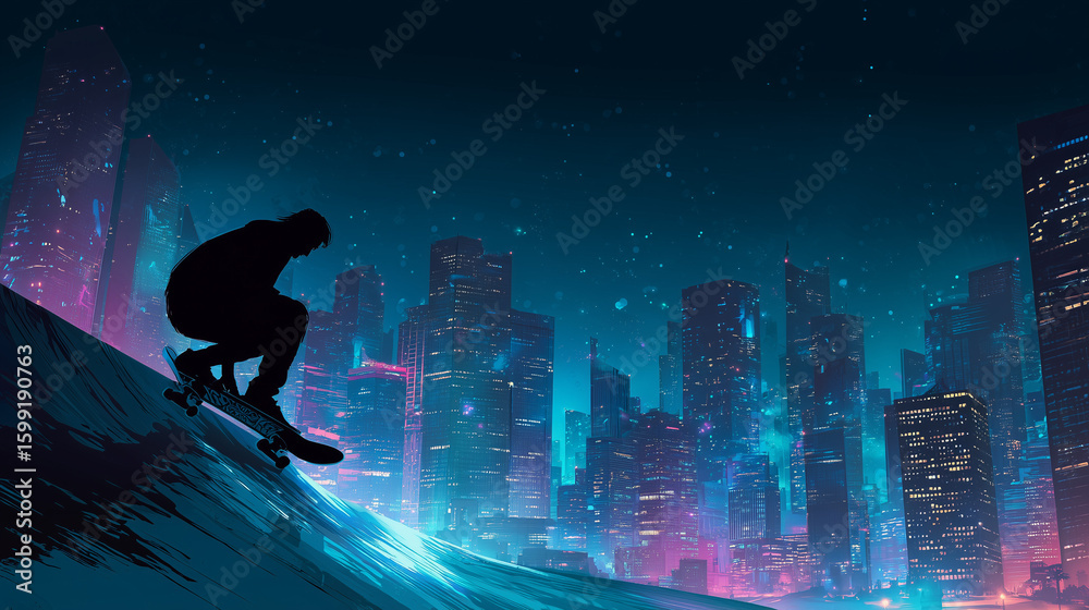 custom made wallpaper toronto digitalSkateboarder in Glowing Cityscape at Night