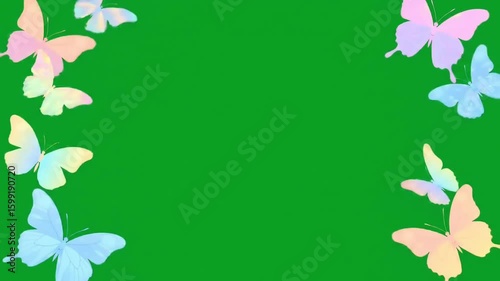 An illustration of pastel colored butterflies around a green background, creating a delicate & soft springlike composition