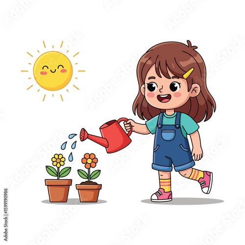 Little Girl Nurturing Flowers in Pots Under the Smiling Sun