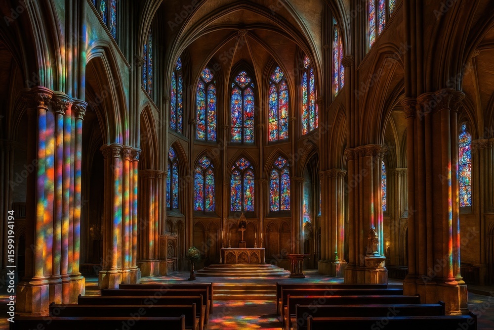 Fototapeta premium Sacred cathedral interior with magnificent stained glass illumination creating divine atmospheric lighting