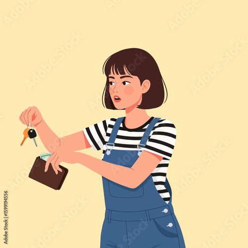 Young Woman Holding Keys and Wallet in Light Yellow Studio