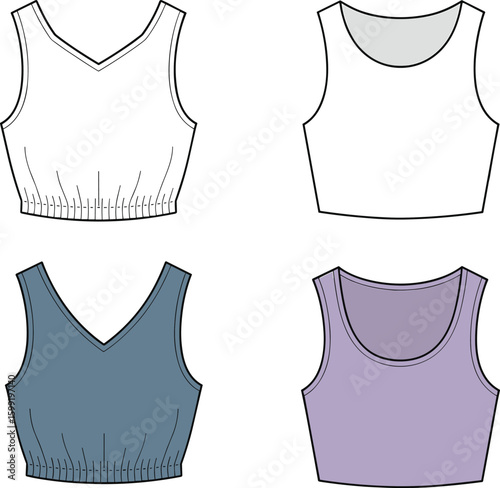 Women’s cropped tank top fashion flat sketch with V-neck and round neck styles, vector template for activewear or summer tops