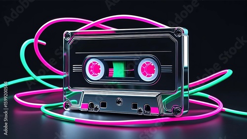 Retro cassette tape with vibrant neon pink and teal cables, dark background.