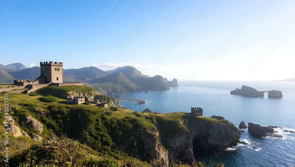 Ancient stone tower stands guard atop a lush cliff overlooking the tranquil blue ocean water. Ancient stone tower stands guard atop a lush cliff overlooking the tranquil blue ocean water.