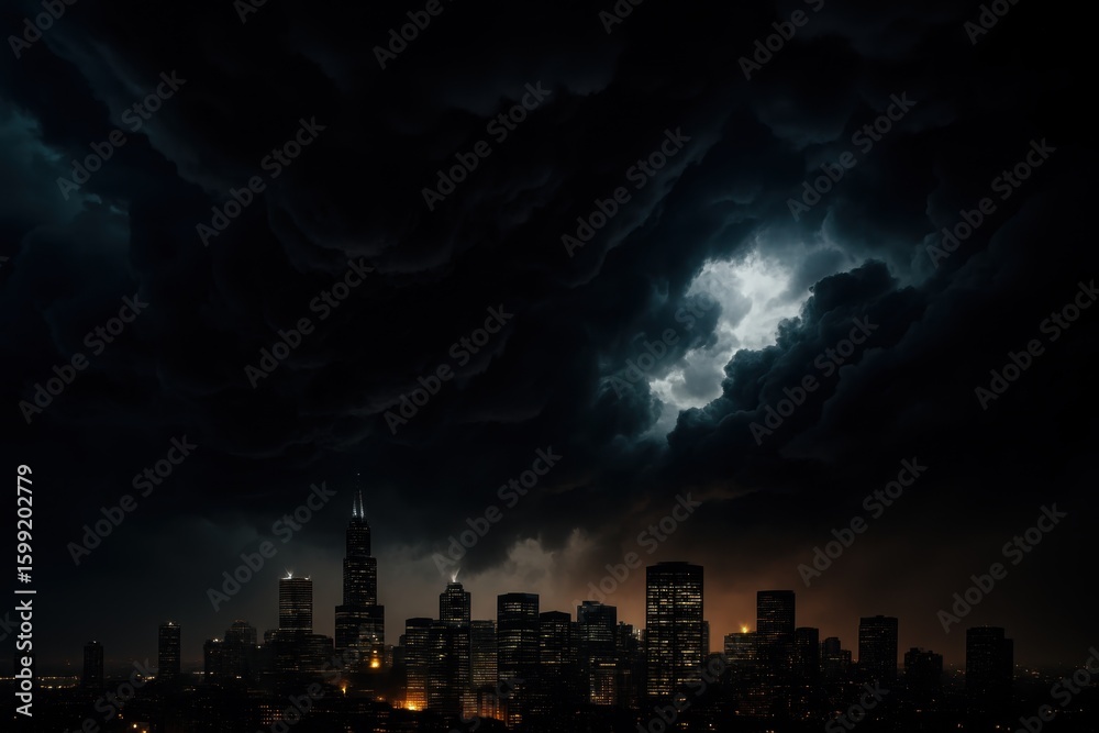 Fototapeta premium Dramatic storm clouds illuminated by city lights creating atmospheric urban meteorological phenomenon