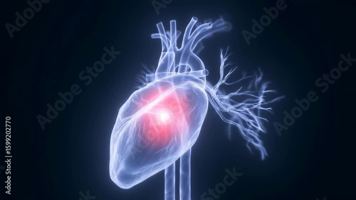 Glowing digital human heart with highlighted blood vessels showing cardiovascular system.