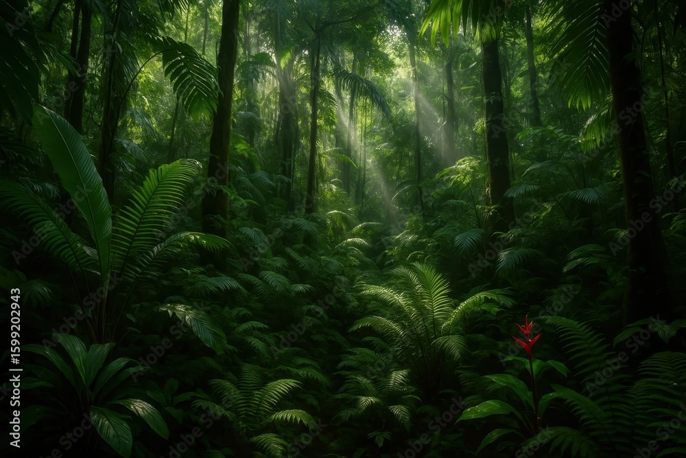 Obraz premium Dense tropical rainforest canopy with vibrant green vegetation and exotic plant life diversity