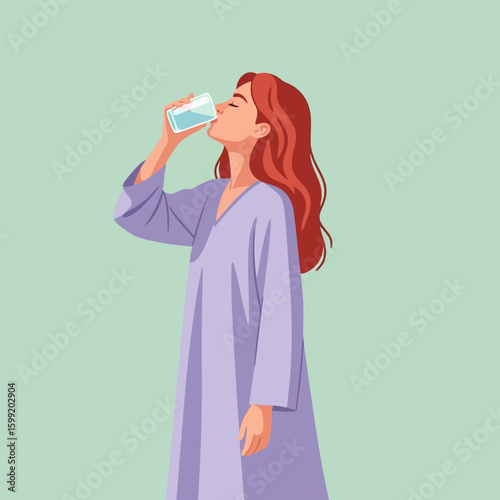 Red Haired Woman Drinking Water in Lilac Dress on Green Background