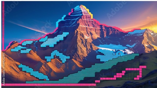 A vibrant digital artwork depicting a stylized mountain range with colorful geometric elements and a dramatic sunset.