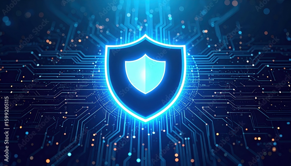 Fototapeta premium A glowing shield icon on a digital circuit board background, symbolizing cybersecurity and digital protection.