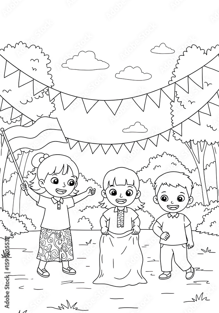 Fototapeta premium Kids Celebration Indonesia Independence Day Coloring Page 17 Agustus National Holiday