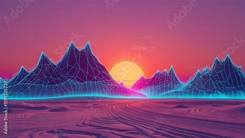 A vibrant, digital landscape of mountains at sunset, rendered in a retro-futuristic style.