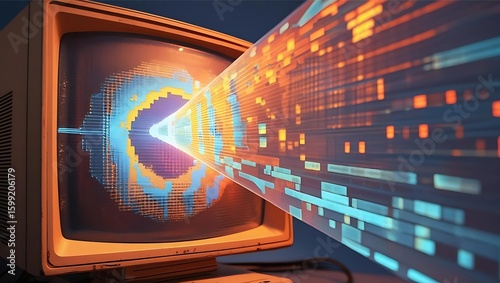 Retro computer monitor emitting a vibrant stream of digital data, symbolizing technological evolution and information flow.