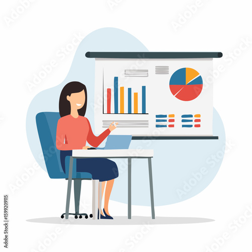 Vector flat of a business team analyzing printed graphs and digital reports on a screen during a meeting, clean office setting