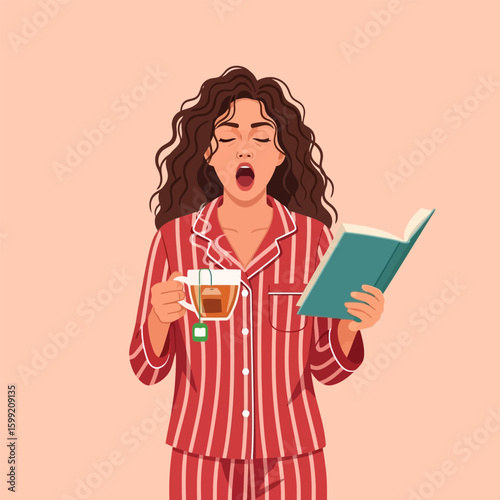 Sleepy Woman in Red Pajamas Yawning Holding Book and Tea Cup
