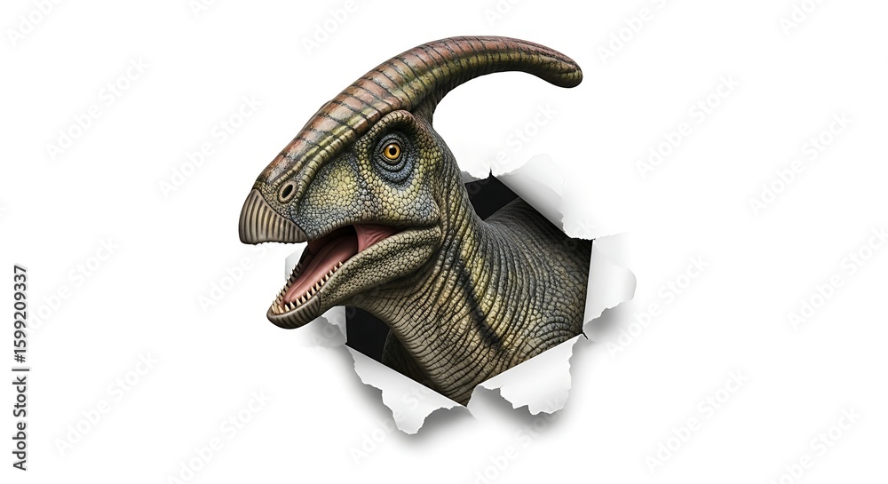Obraz premium A detailed illustration of a Parasaurolophus breaking through a surface. 