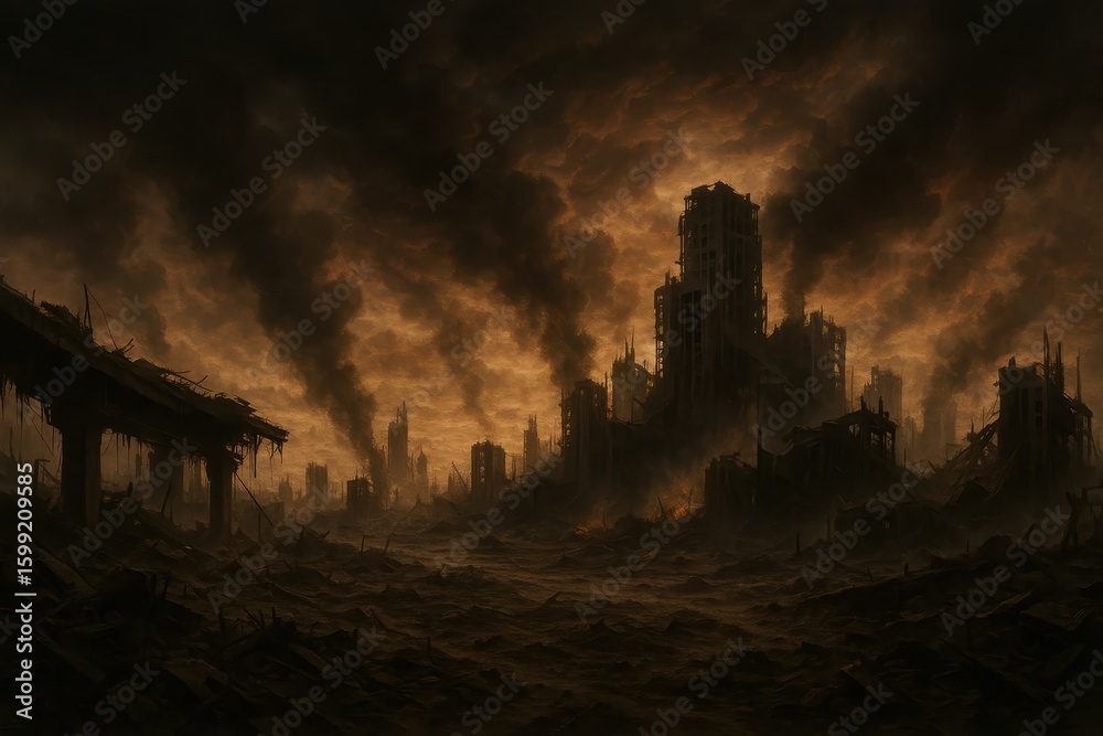 Obraz premium Post-apocalyptic landscape showcasing devastated world with dramatic ruins and dystopian atmosphere representing environmental catastrophe and societal collapse