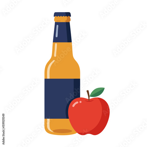 Vector illustration of cider bottle with apple on white background, beverage icon