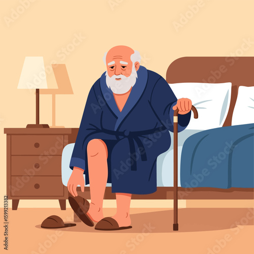 Sad Senior Man Wearing Robe Sitting on Bed with Cane in Bedroom