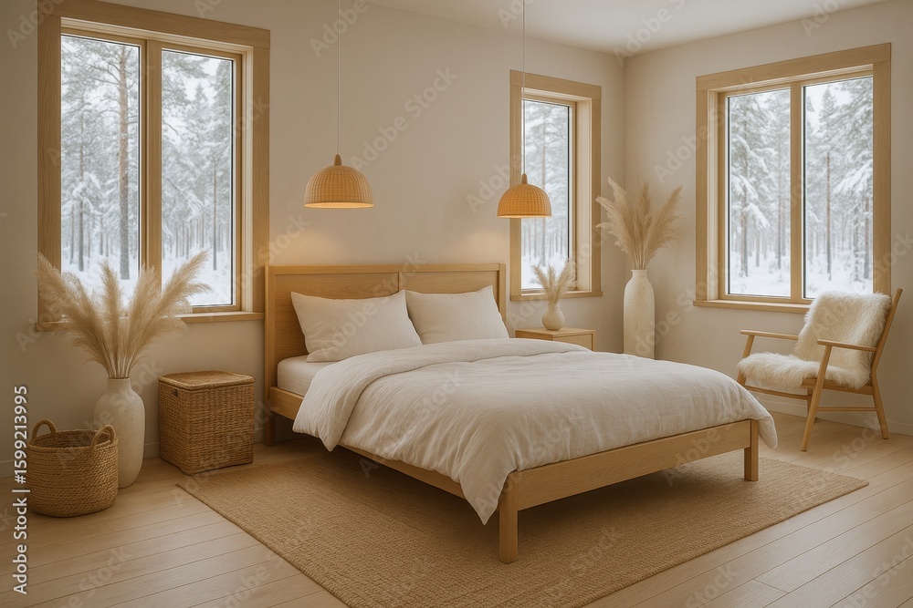 Fototapeta premium Scandinavian-Inspired Modern Bedroom with Natural Wood Elements and Cozy Hygge Atmosphere Design
