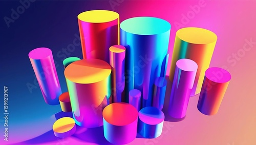 An array of colorful, gradient-filled cylinders of varying sizes are arranged together against a blurred, vibrant background.