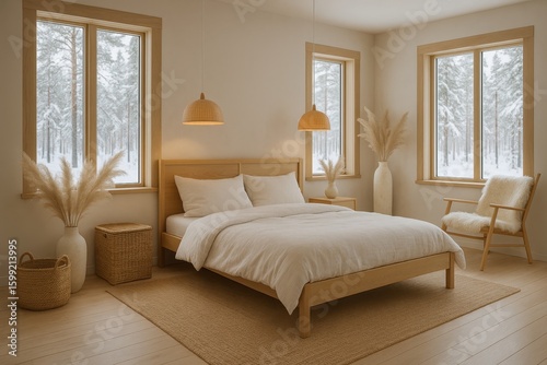 Scandinavian-Inspired Modern Bedroom with Natural Wood Elements and Cozy Hygge Atmosphere Design