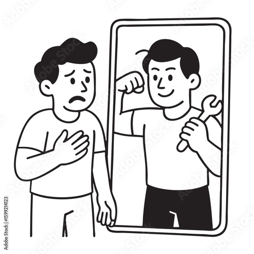 Illustration showing person looking sad mirror while another version appears strong