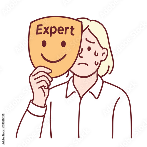 Coloring line art depicts person holding mask labeled Expert while showing concern