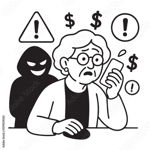 Elderly person looks worried while holding phone, with shadowy figure behind them, symbolizing
