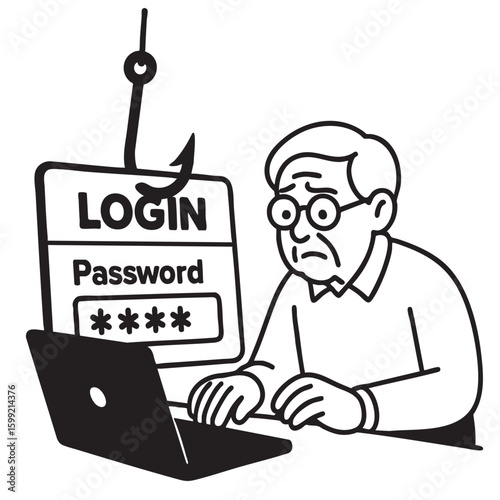 Elderly man focused on laptop with phishing warning about login and password security