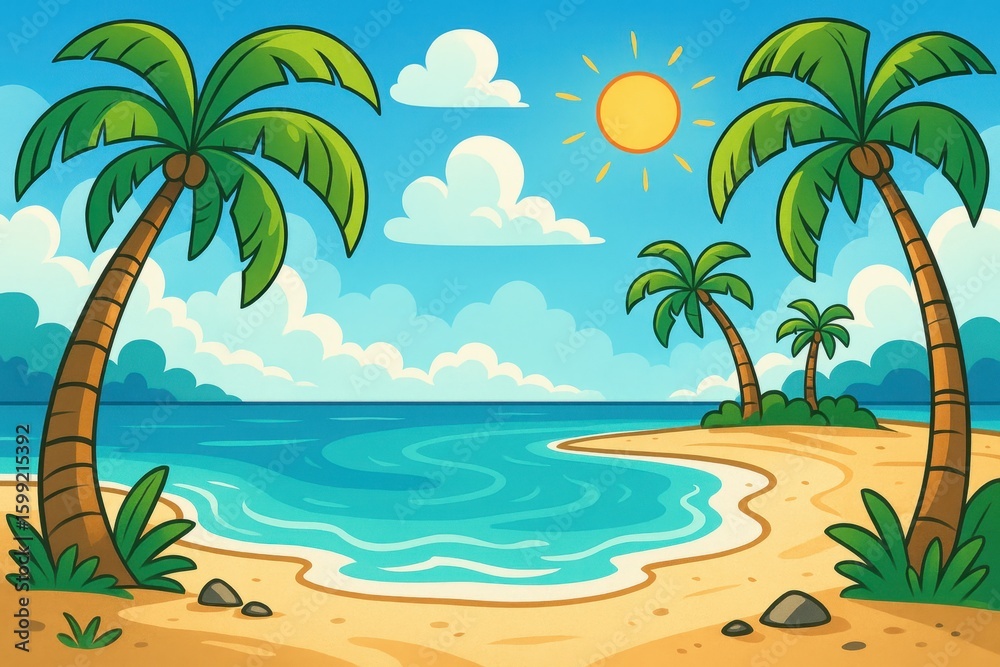 Obraz premium Tropical beach paradise with crystal clear turquoise waters and pristine white sand in cartoon illustration style