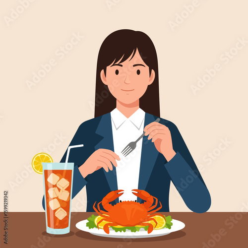 Woman Eating Orange Crab with Lemon and Cold Drink at Table