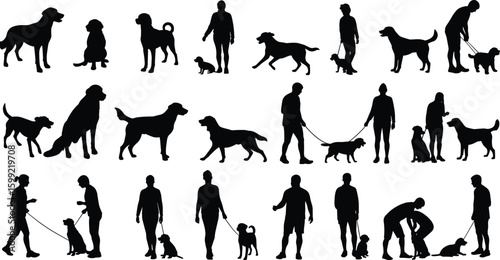 Silhouettes of people walking dogs, pet owners training animals, showcasing outdoor dog exercise, leash obedience, companionship, lifestyle, stock vector.
