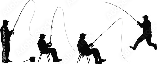 Silhouetted fishermen casting lines at sunset, outdoor fishing lifestyle, calm waters, rods arched, peaceful hobby, adventure sport, tranquil scene
