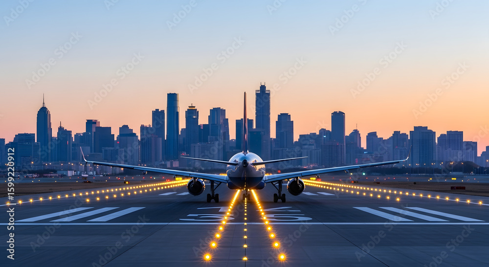 Fototapeta premium Airplane on Runway City Skyline Sunset image