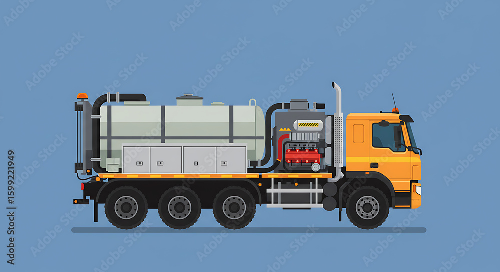 Fototapeta premium Illustration of a Yellow and Gray Tank Truck on a Blue Background, perfect for industrial and transportation themes