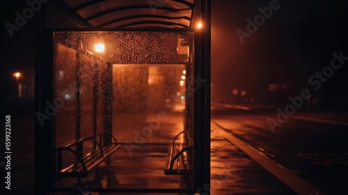 Empty bus stop at night in the rain, illuminated by street lights, transportation and loneliness concept.