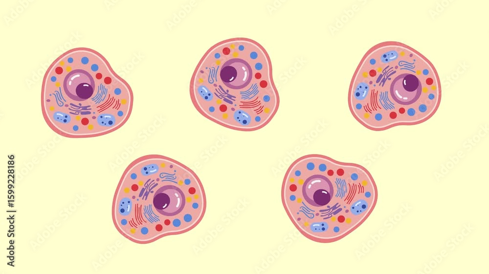Single cartoon-style biology cell animated on a pale yellow background ...