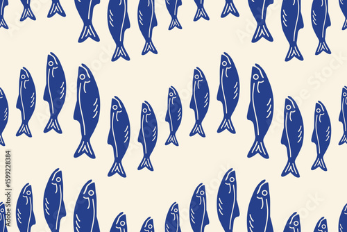 La dolce vita seamless pattern. Retro background. Mediterranean fishes. Blue Sardines silhouette. Doodle Hand drawn Seafood elements for print, wall art, interior decor, menus, restourant. Vector