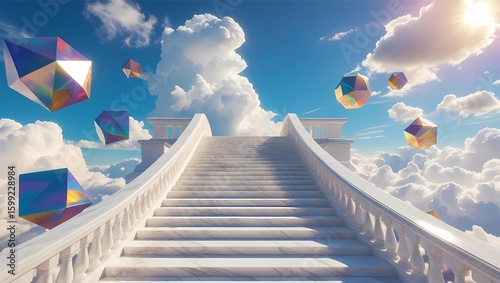 A grand staircase ascends into a bright, cloud-filled sky, with geometric shapes floating.