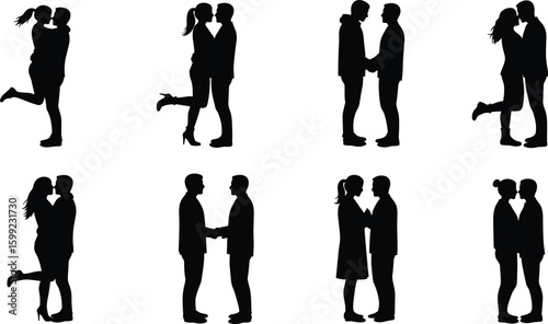 Silhouetted couples expressing love, kissing, embracing, holding hands, romantic poses for Valentine's Day, relationship concept, emotional connection, togetherness